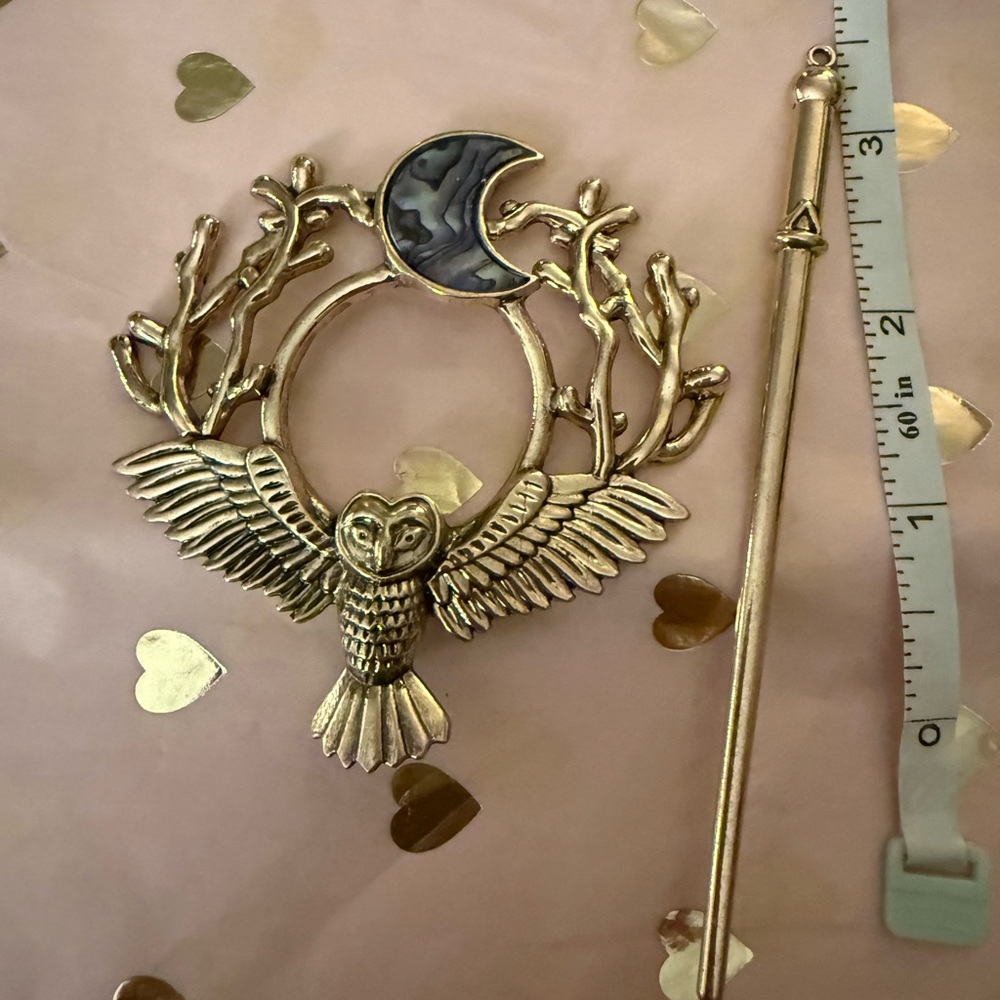 Gold Owl Hair Pin with Abalone Accents - Picture 5 of 5